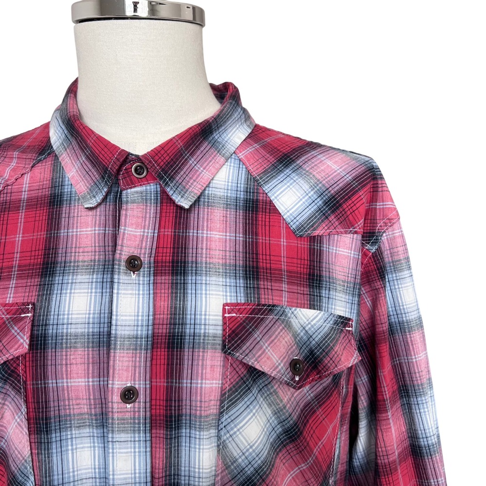 Wrangler‎ Plaid Western Shirt Men's 2XLT Red Blue White Long Sleeve Button Up